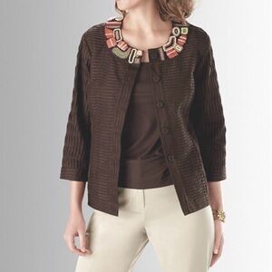 CHICO’S Jacket Burundi Beat Bernita Embellished 3/4 Sleeves Pintuck Neck